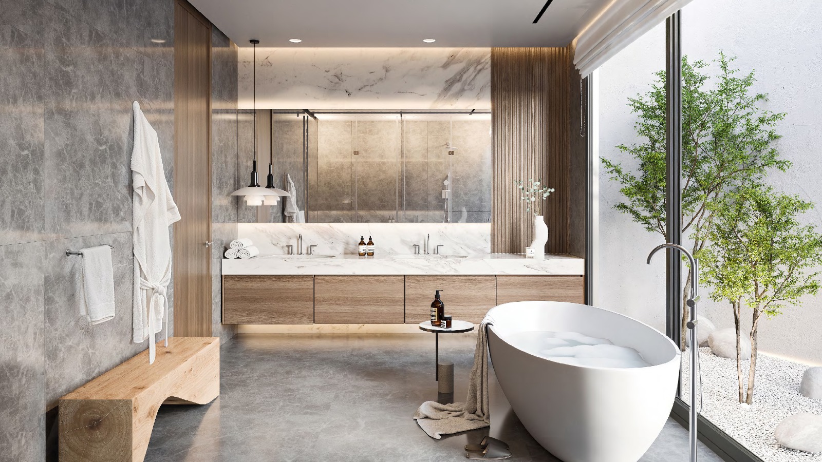 Marble master bathroom with freestanding tub and garden view