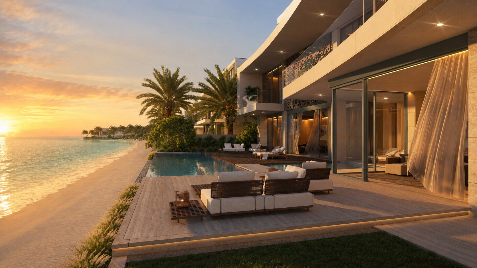 Aerial view of Palm Jebel Ali ocean view villas at sunset