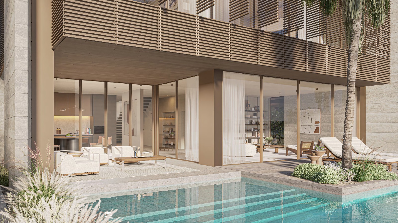 Villa poolside living with floor to ceiling glass