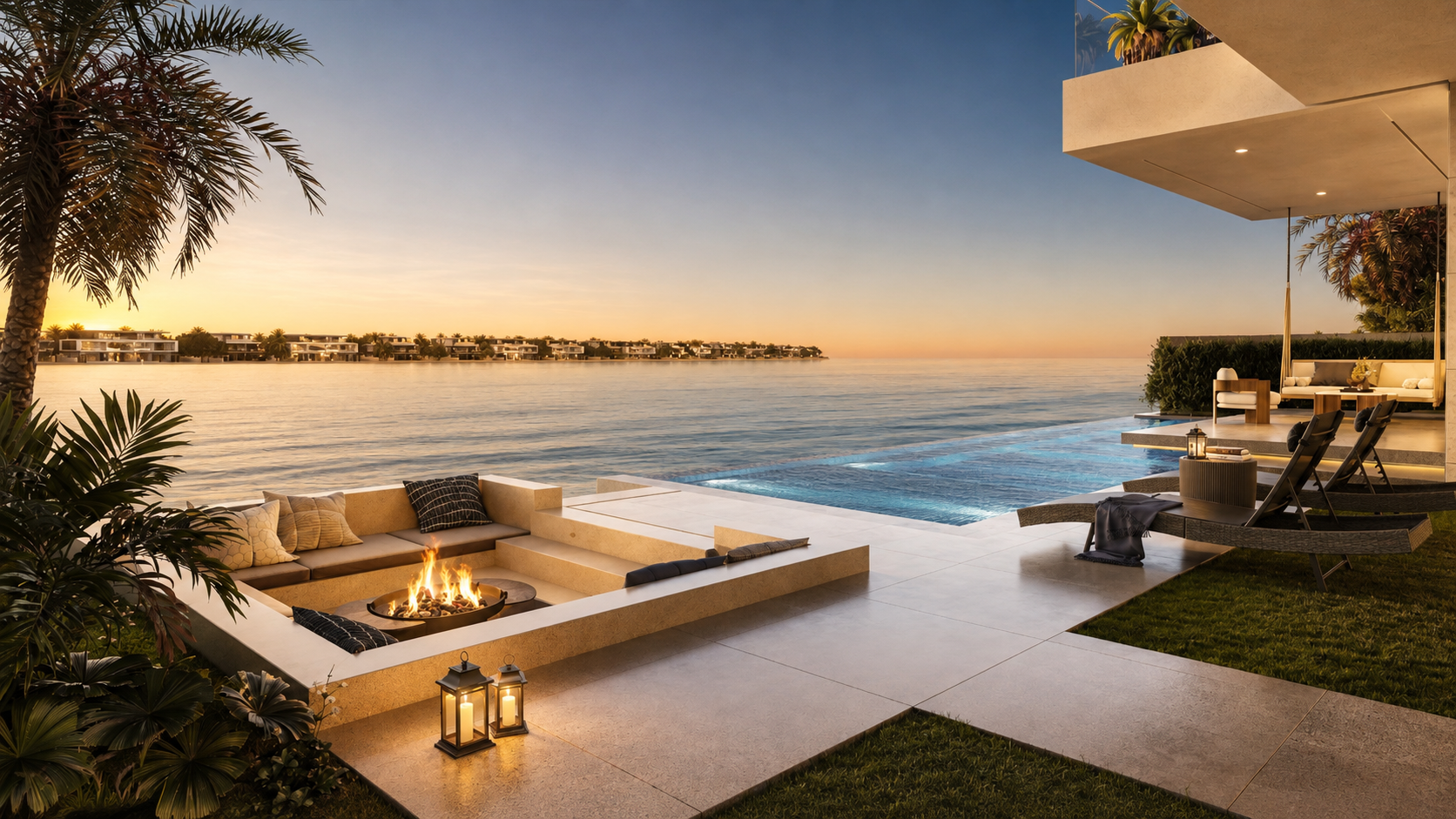 Infinity pool and sunken fire pit overlooking the ocean at Palm Jebel Ali