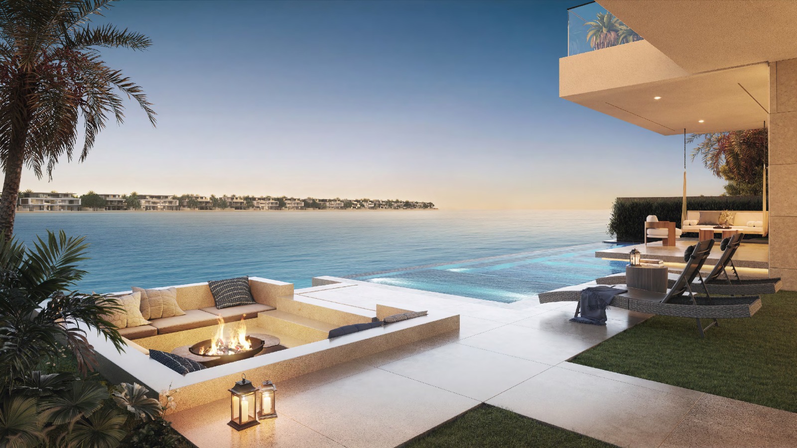 Infinity pool and fire pit overlooking the sea
