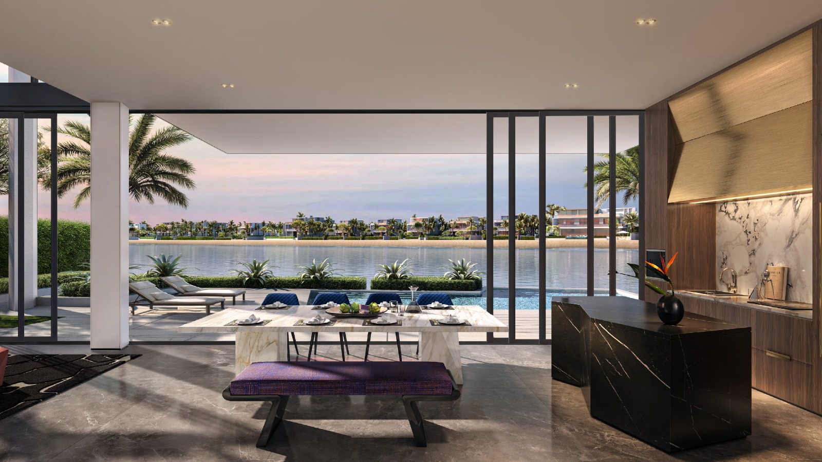 Dining and kitchen interior with water views